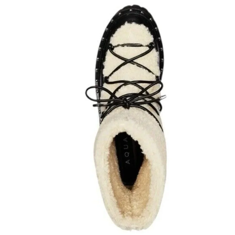 AQUA Fuzz Women’s Leather Lug Sole Sherpa Lace Up Winter Boot Black Size 6.5